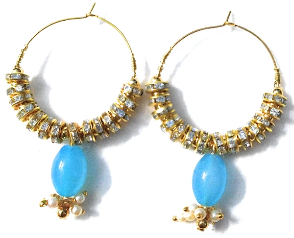 NIBRAS Blue Rhinestone Spacers Beads Drop Hoop Earrings - B09JKJK8BN, 10 gm, 6.5cm x 4cm x 1cm